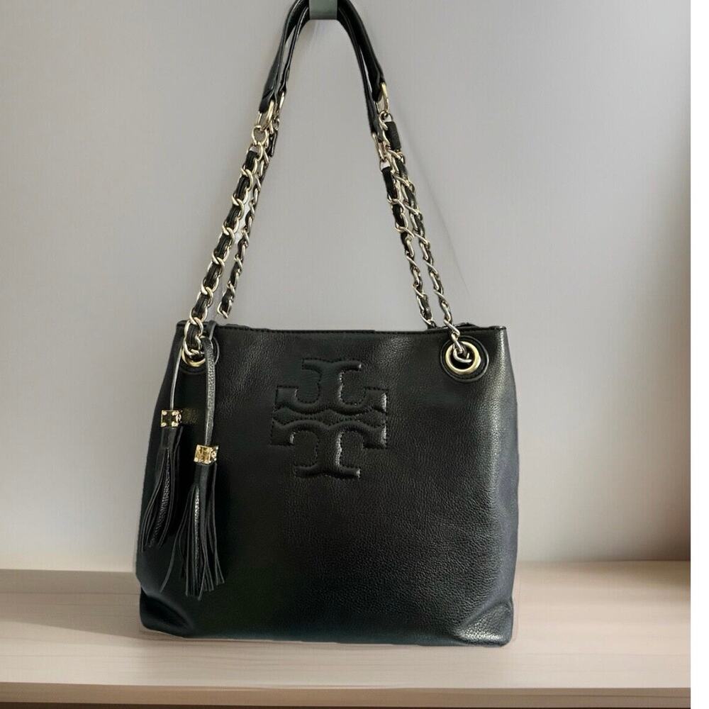 Tory Burch Thea Black Leather Slouchy Bridle Gold Chain Tote Shoulder Bag Purse